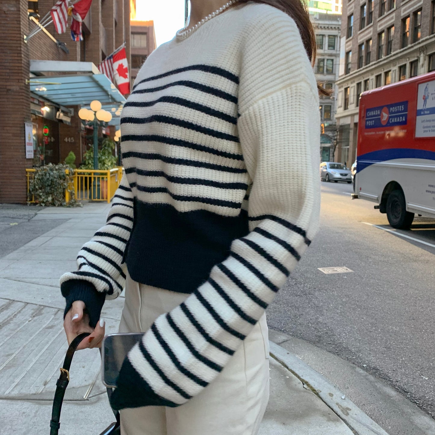 Mono Button Striped Knit Top