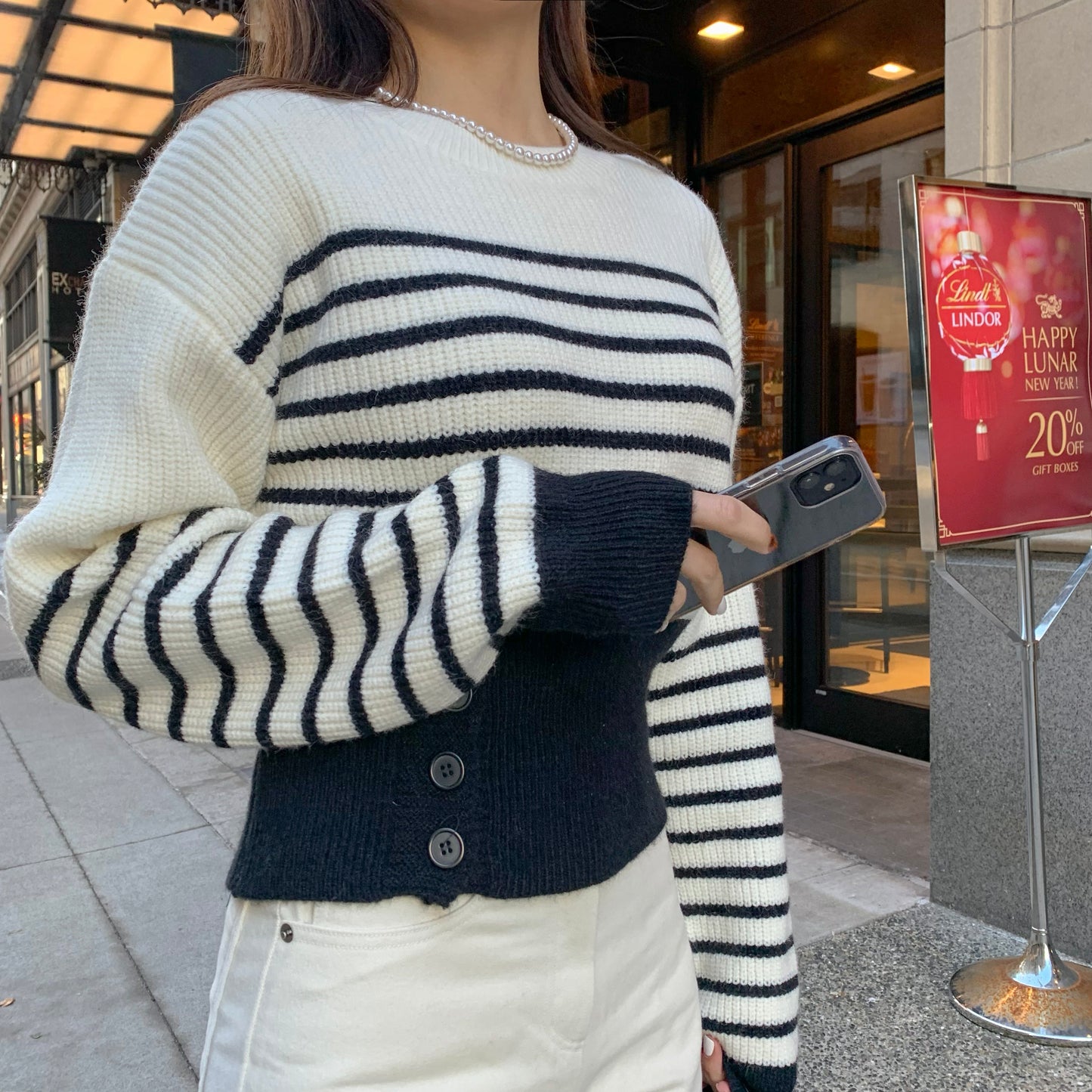 Mono Button Striped Knit Top